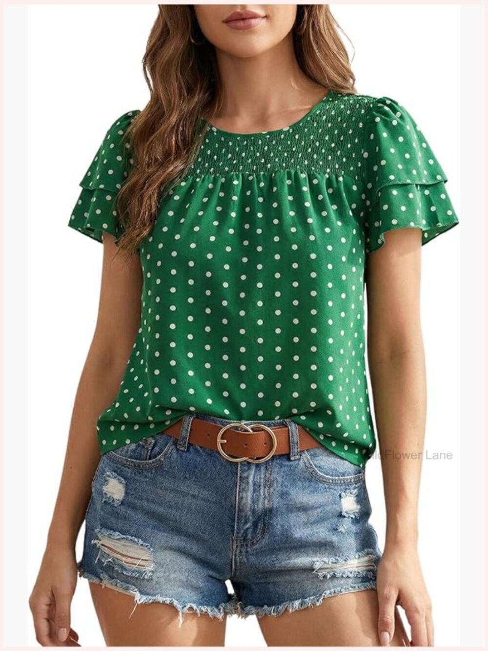 Polka Dots Ruffle Puff Sleeve Tops Summer Vintage Smocked Crewneck Blouses